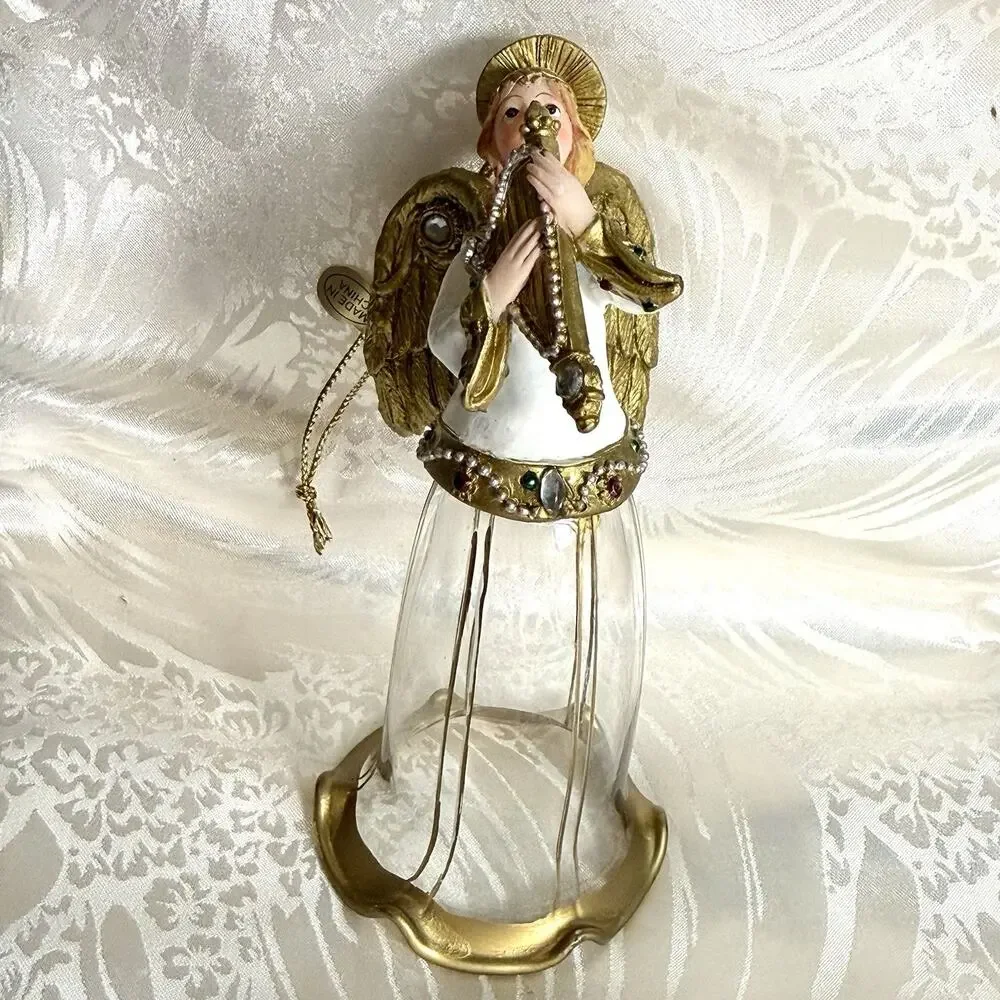VTG Christmas Harp Angel Holiday Tree Ornament Clear Glass Flute Bell Skirt 4”